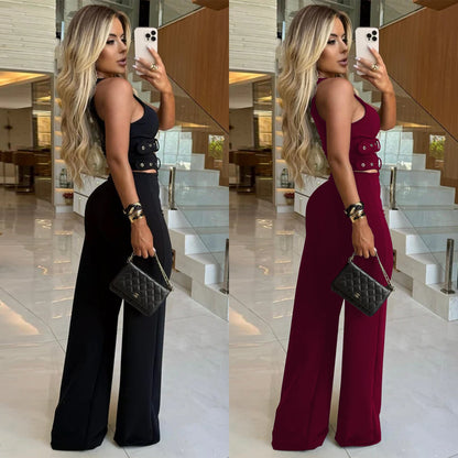 Women's Fashion Wear Decorative Buckle Belt Trousers Tops