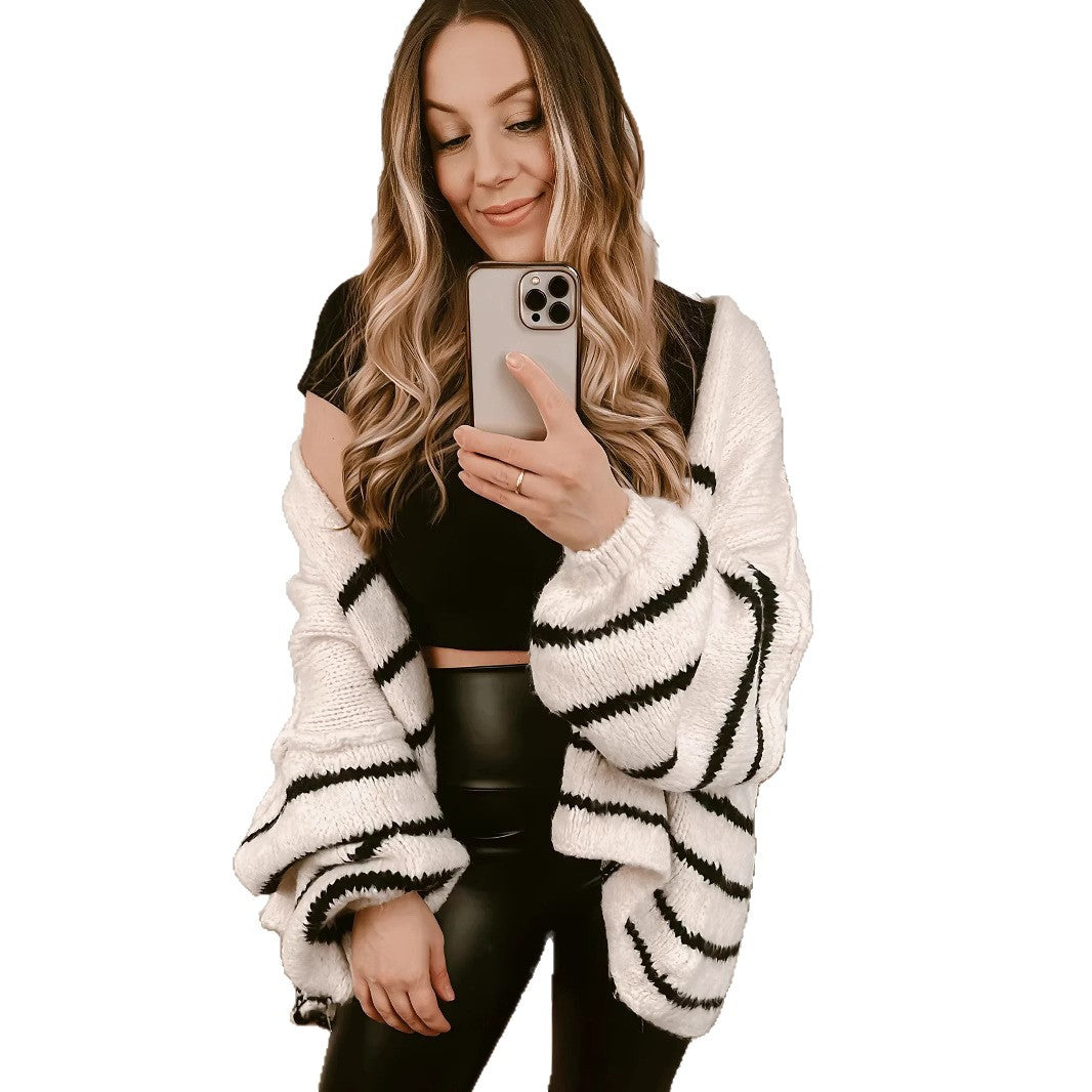 Women's Loose Contrast Color Striped Embroidery Knitted Sweaters