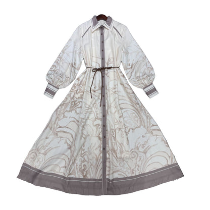 Women's Pastoral Style Lapel Long Sleeve Waist A- Line Dresses