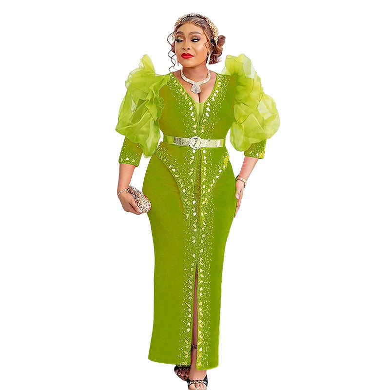 Women's Style Puff Sleeve Long-sleeved Rhinestone Long Dresses