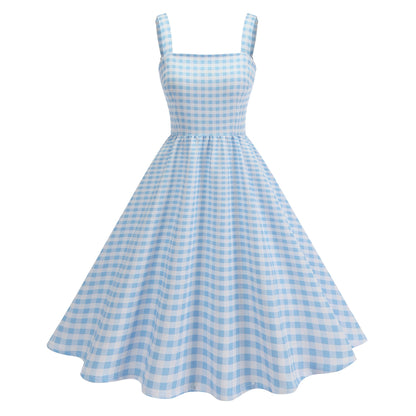 Pink Plaid Young Strap Long Dress Tops