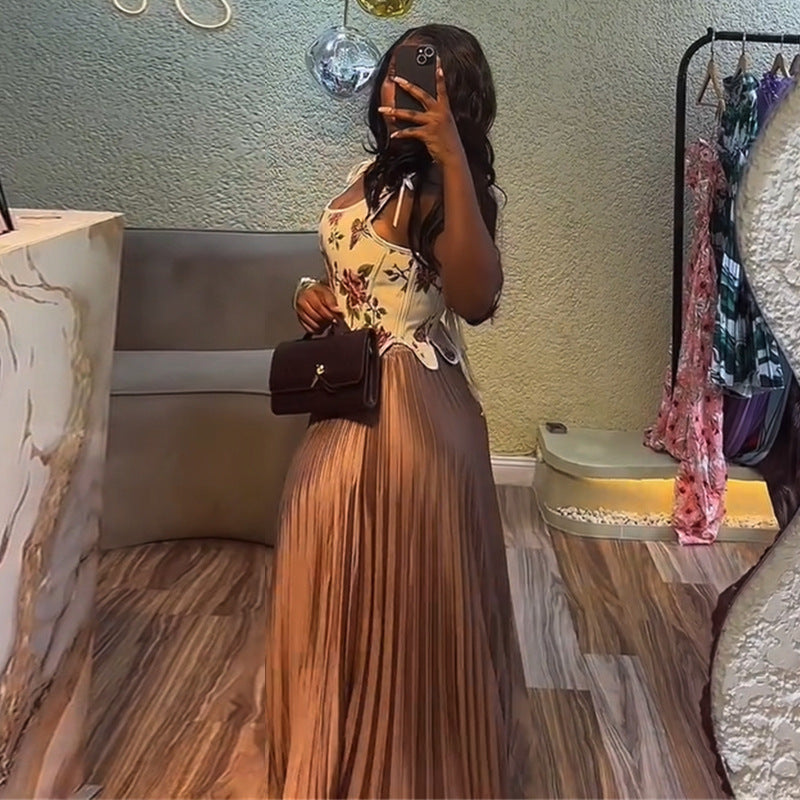 Women's Fresh Printed High Waist Pleated Two-piece Suits
