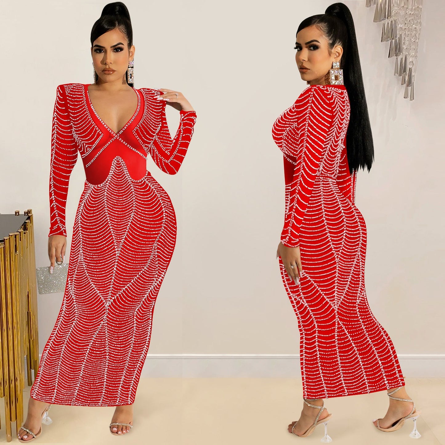 Women's Sexy Nightclub Rhinestone Mesh Long Sleeve Dresses