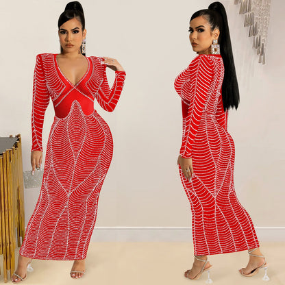 Women's Sexy Nightclub Rhinestone Mesh Long Sleeve Dresses