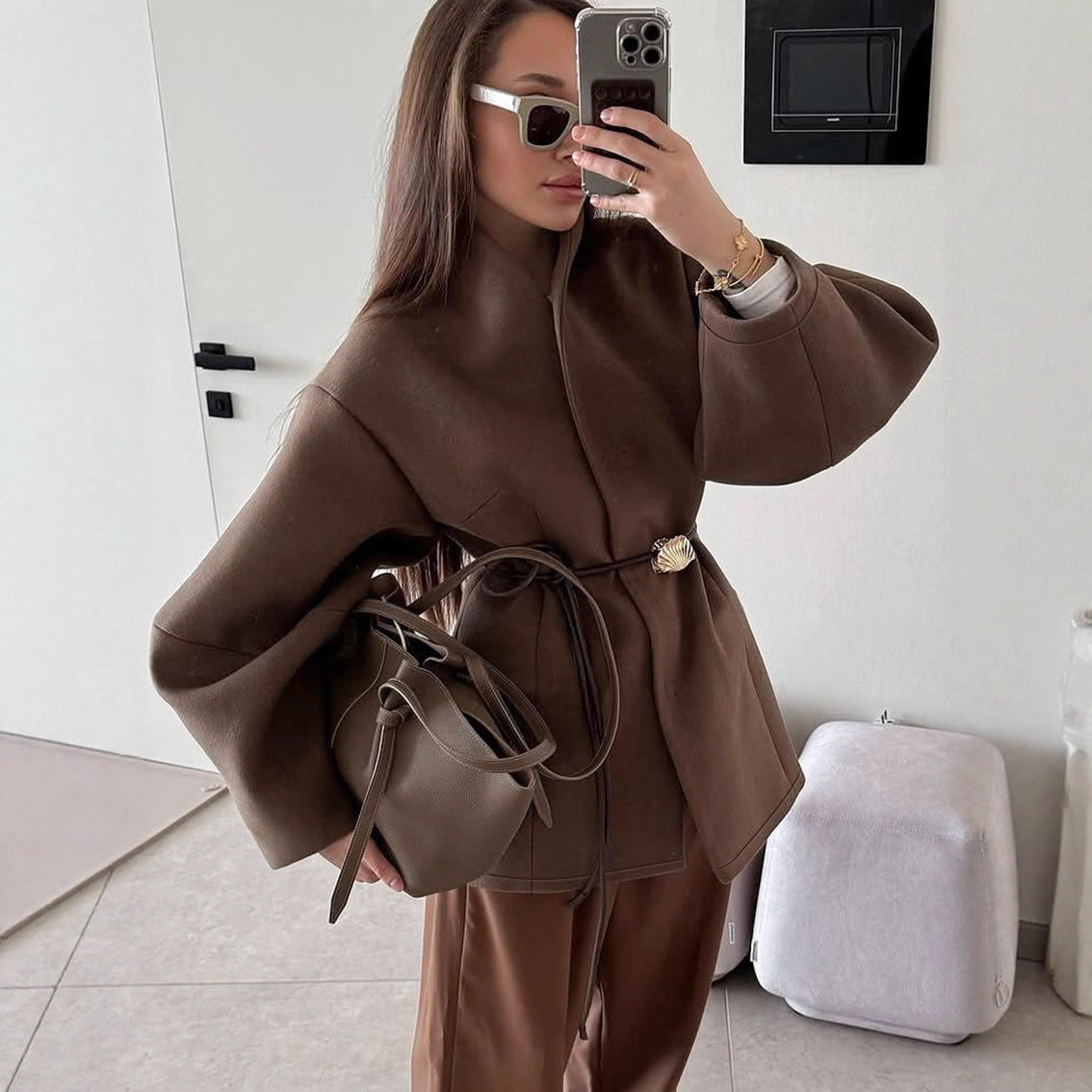 Women's Graceful Stand Collar Long Sleeve Woolen Coats