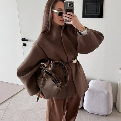 Women's Graceful Stand Collar Long Sleeve Woolen Coats