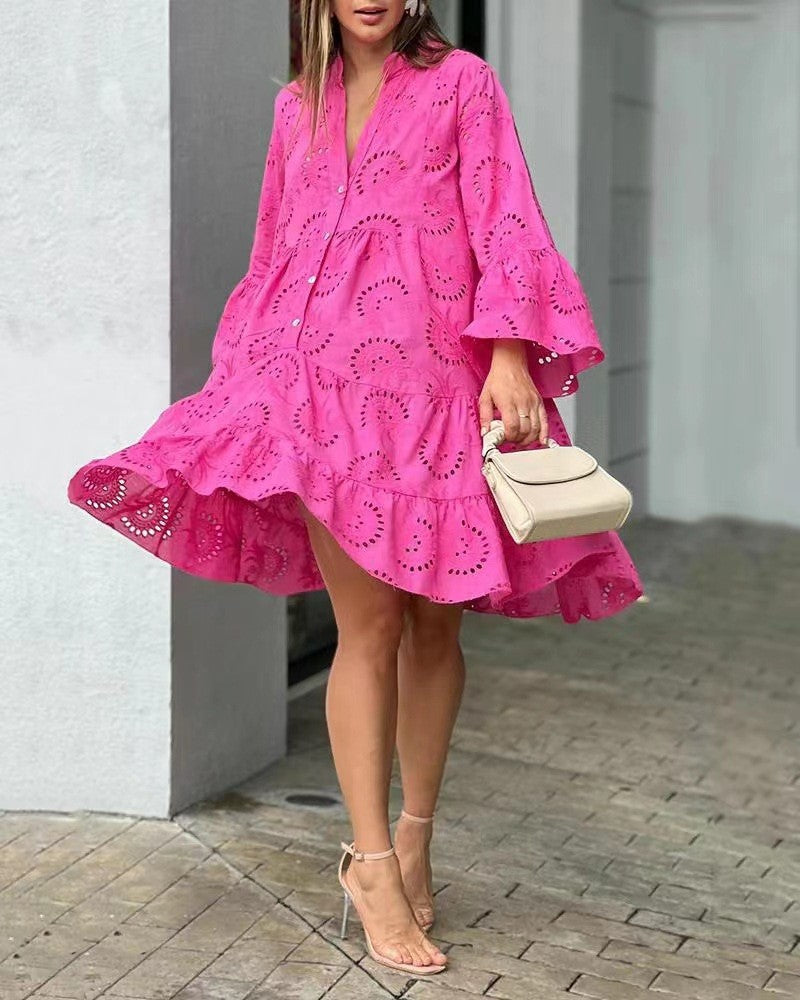 Color Loose Embroidered Cutout Lace Flower Dresses