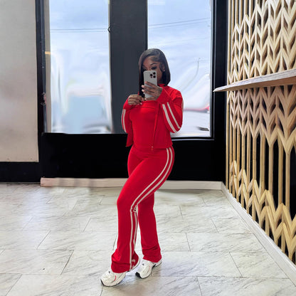 Women's Patchwork Stripes Yoga Clothes Zip Long Suits