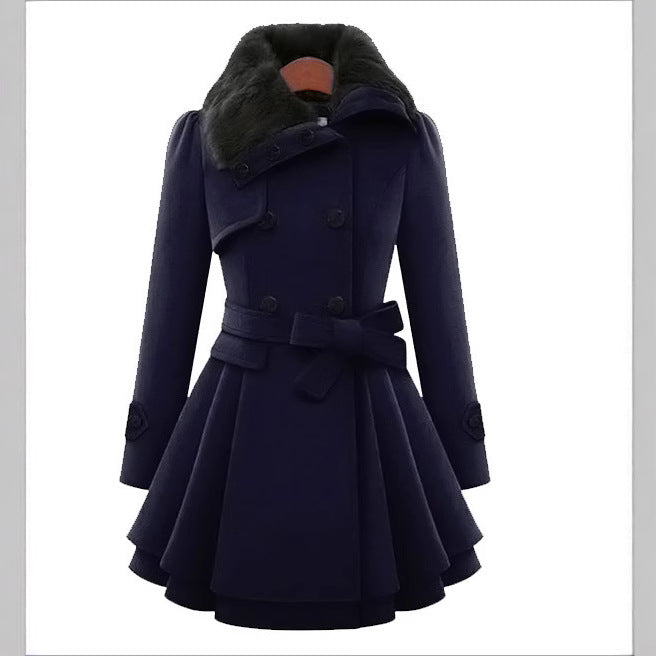 Women's Mid-length Woolen Double-breasted Thickened Color Coats