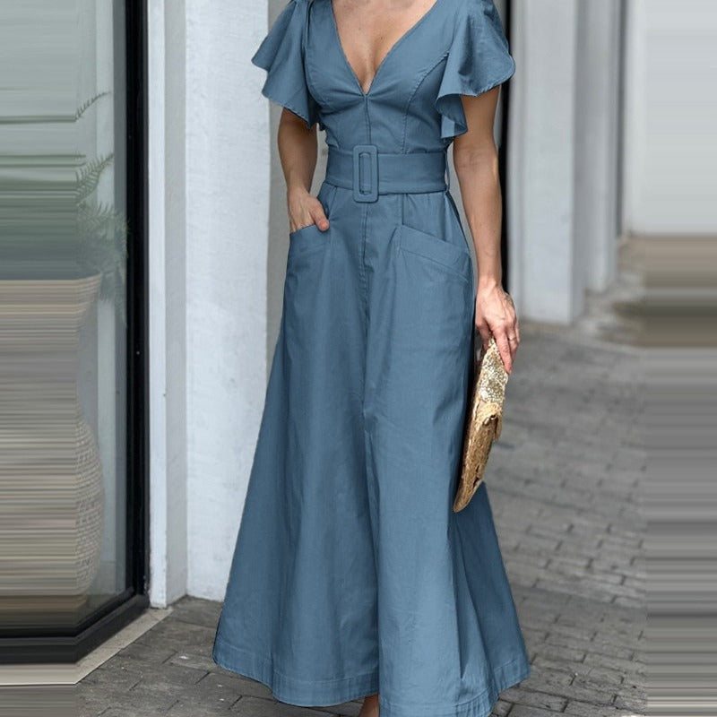 Dress Solid Color Ruffle Sleeve Temperament Dresses