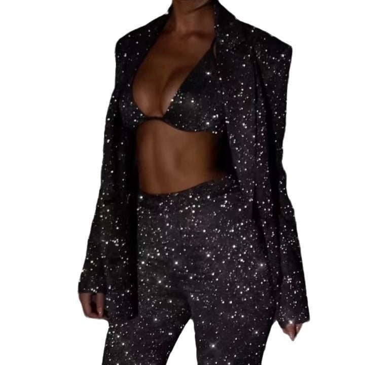 Women's Color Sequins Fashion Casual Set Shirt Suits