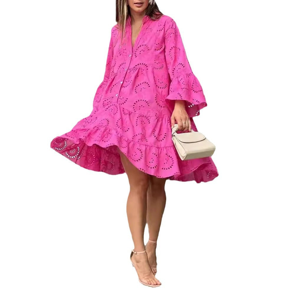 Color Loose Embroidered Cutout Lace Flower Dresses