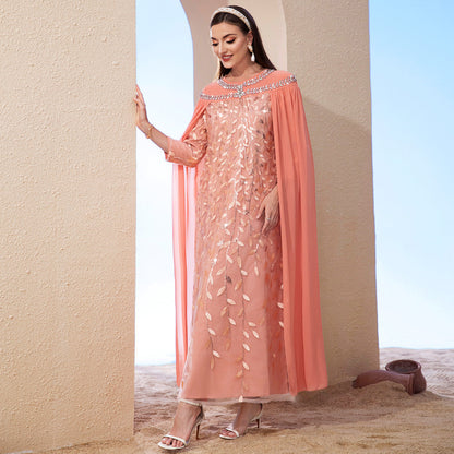 Orange Pink Leaves Mesh Embroidered Fashionable Dresses