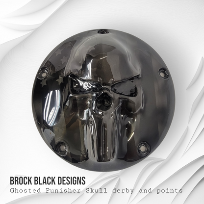 Punisher skull stretching through flag Harley derby cover