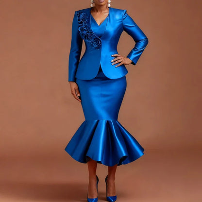 Women Shiny Two Pieces Set Office Ladies Blazer Coats 3D Flowers Inner Tank Dresses Mermaid Work Wear Autumn Fashion Business