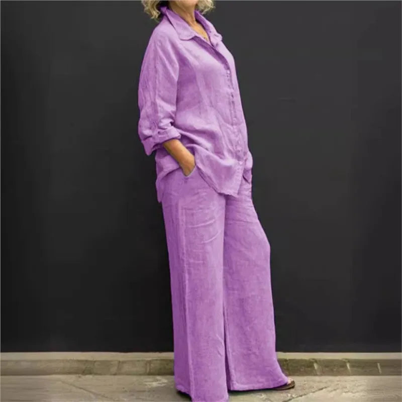 Two Piece Sets Women Outfits,  Fall Simple Long Sleeve Shirt Loose Trousers Set Office Casual.