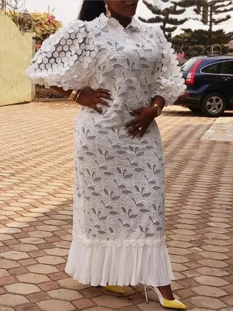 White Lace Dresses for Women , Elegant Turn Down Collar, Puff Sleeves Pleated Hem, Midi Dress Luxury Occasion Clothes.