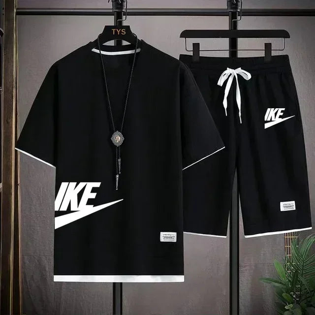 summer men casual short sleeved T-shirt shorts sports set, outdoor breathable jogging shorts 2-piece set.