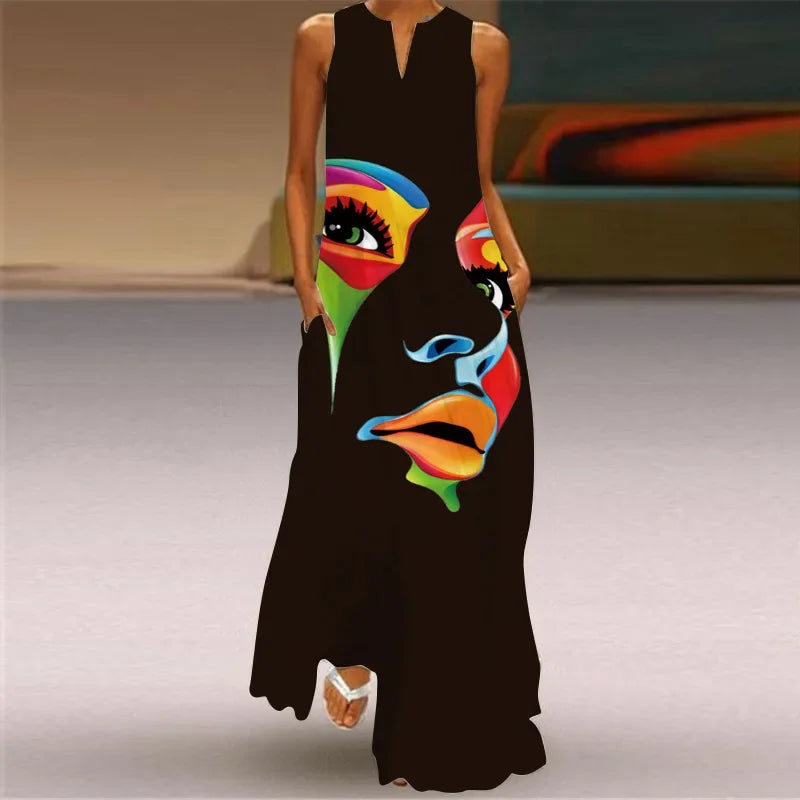 Elegant Sleeveless Women Dress, Vintage Print Loose Long Maxi Dresses Lady V Neck Pocket Sundress Plus Size