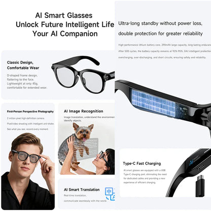 2026 New Al Smart Glasses, 200w HD Camera, Video Record, Voice Translation, Photo Recognition, Music Playback, BT Call Smart Sunglasses.