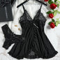 2 Pcs Set Lace Nightgown, Women Exquisite Nighties Transparent V-Neck Bra Panty Sets.