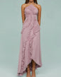 Elegant Women Ruffle Pleated Long Dress , Sleeveless Halter, Tiered Pleated , Maxi Dresses.