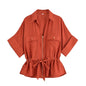 Women Fashion 2 Piece Set Solid Front Zipper Shirts & Vintage High Elastic Waist Trousers Female.