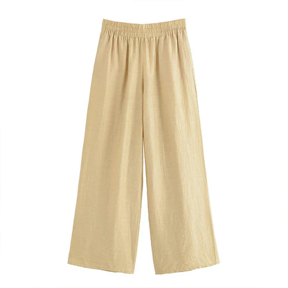 Women Fashion 2 Piece Set Solid Front Zipper Shirts & Vintage High Elastic Waist Trousers Female.
