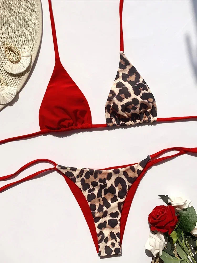 Halter Splicing Leopard Bikinis 2026 Satin Bikini Female Swimsuit Women Swimwear.