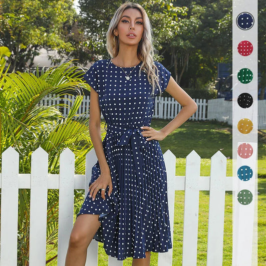 Summer Dresses For Women High Waist Midi Elegant Pleated Polka Dots , Dinner Party Vacation Dress.