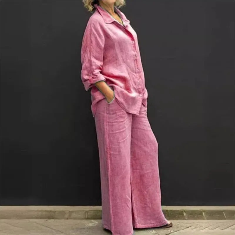 Two Piece Sets Women Outfits,  Fall Simple Long Sleeve Shirt Loose Trousers Set Office Casual.
