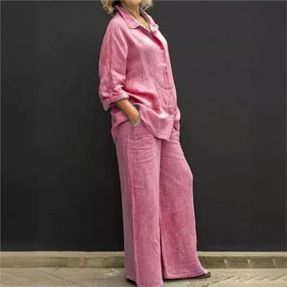 Two Piece Sets Women Outfits,  Fall Simple Long Sleeve Shirt Loose Trousers Set Office Casual.