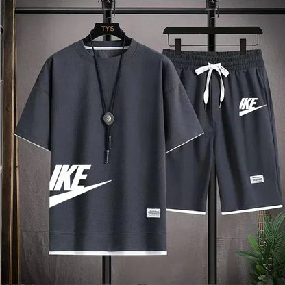 summer men casual short sleeved T-shirt shorts sports set, outdoor breathable jogging shorts 2-piece set.