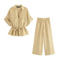 Women Fashion 2 Piece Set Solid Front Zipper Shirts & Vintage High Elastic Waist Trousers Female.