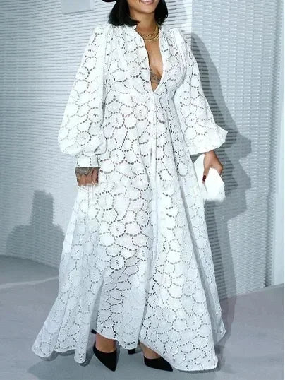 White Lace Dresses for Women , Elegant Turn Down Collar, Puff Sleeves Pleated Hem, Midi Dress Luxury Occasion Clothes.