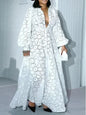 White Lace Dresses for Women , Elegant Turn Down Collar, Puff Sleeves Pleated Hem, Midi Dress Luxury Occasion Clothes.