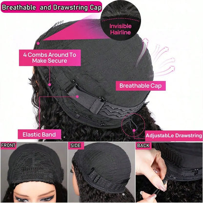 Jerry Curly Half Wig Human Hair Seamless Kinky Curly 3 In 1 Half Wig  Glueless  Heandband Clip In Wig No Sew In Black Color