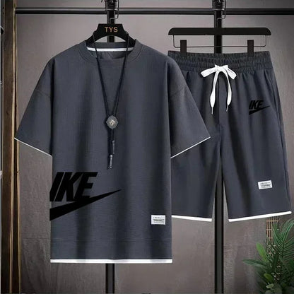 summer men casual short sleeved T-shirt shorts sports set, outdoor breathable jogging shorts 2-piece set.