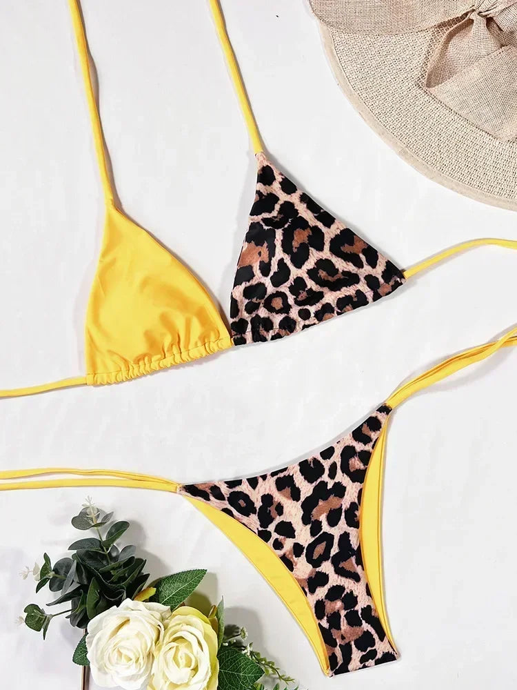 Halter Splicing Leopard Bikinis 2026 Satin Bikini Female Swimsuit Women Swimwear.