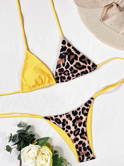 Halter Splicing Leopard Bikinis 2026 Satin Bikini Female Swimsuit Women Swimwear.
