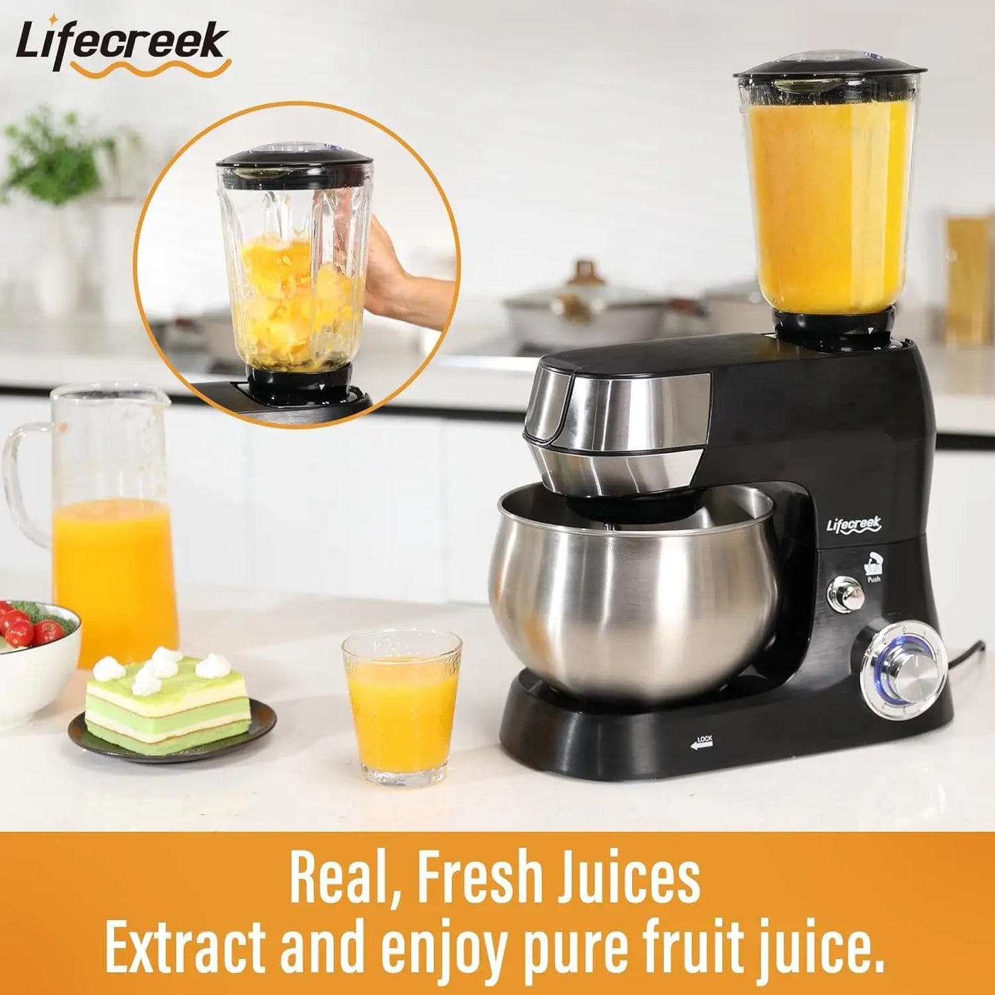3-in-1 Multifunctional Stand Mixer, 5.3Qt 660W, 6-Speed Tilt-head with Stainless Steel Bowl, Meat Grinder, Juice Blender.