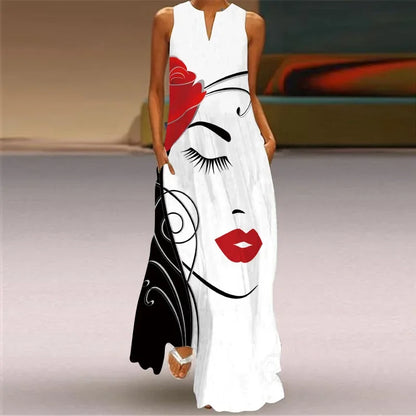 Elegant Sleeveless Women Dress, Vintage Print Loose Long Maxi Dresses Lady V Neck Pocket Sundress Plus Size