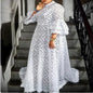 White Lace Dresses for Women , Elegant Turn Down Collar, Puff Sleeves Pleated Hem, Midi Dress Luxury Occasion Clothes.