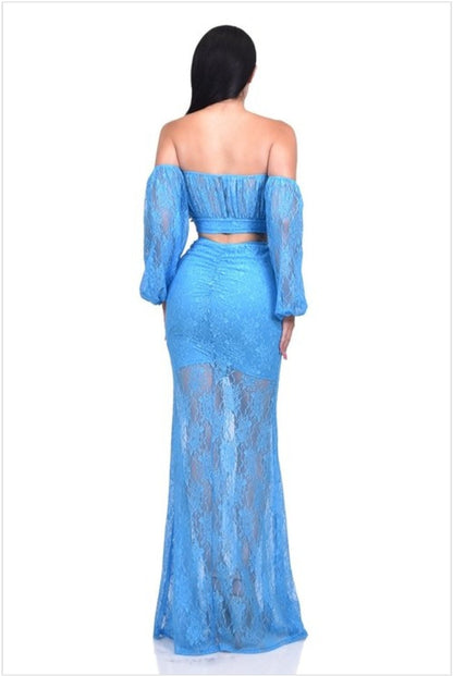 Blue 2-Piece Long Skirt & Long Sleeve Cropped Top