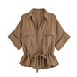 Women Fashion 2 Piece Set Solid Front Zipper Shirts & Vintage High Elastic Waist Trousers Female.