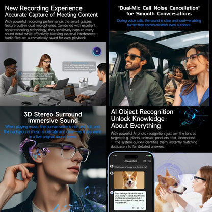 AI Smart Glasses 8MP Bluetooth, Waterproof ,IP66 with Video Recording, Photo Recognition, Translation, 290mAh Glasses for Everyday Use.