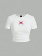 Simple Red Spider Printing Crop Tops Summer Women's ,Slim-fit T-Shirt Female Clothes.