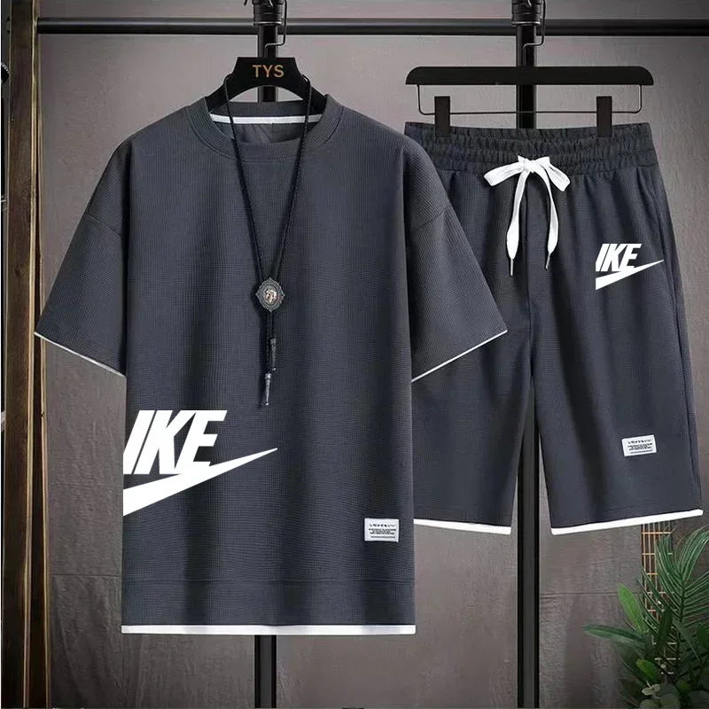summer men casual short sleeved T-shirt shorts sports set, outdoor breathable jogging shorts 2-piece set.
