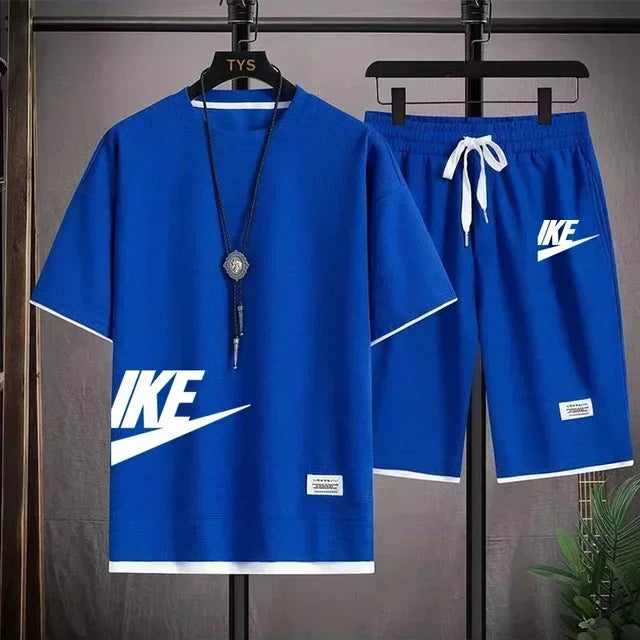 summer men casual short sleeved T-shirt shorts sports set, outdoor breathable jogging shorts 2-piece set.