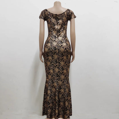 Women Dress Elegant Flower Party Dress, Off the Shoulder Short Sleeve, Slit Maxi Long Dresses for Woman.